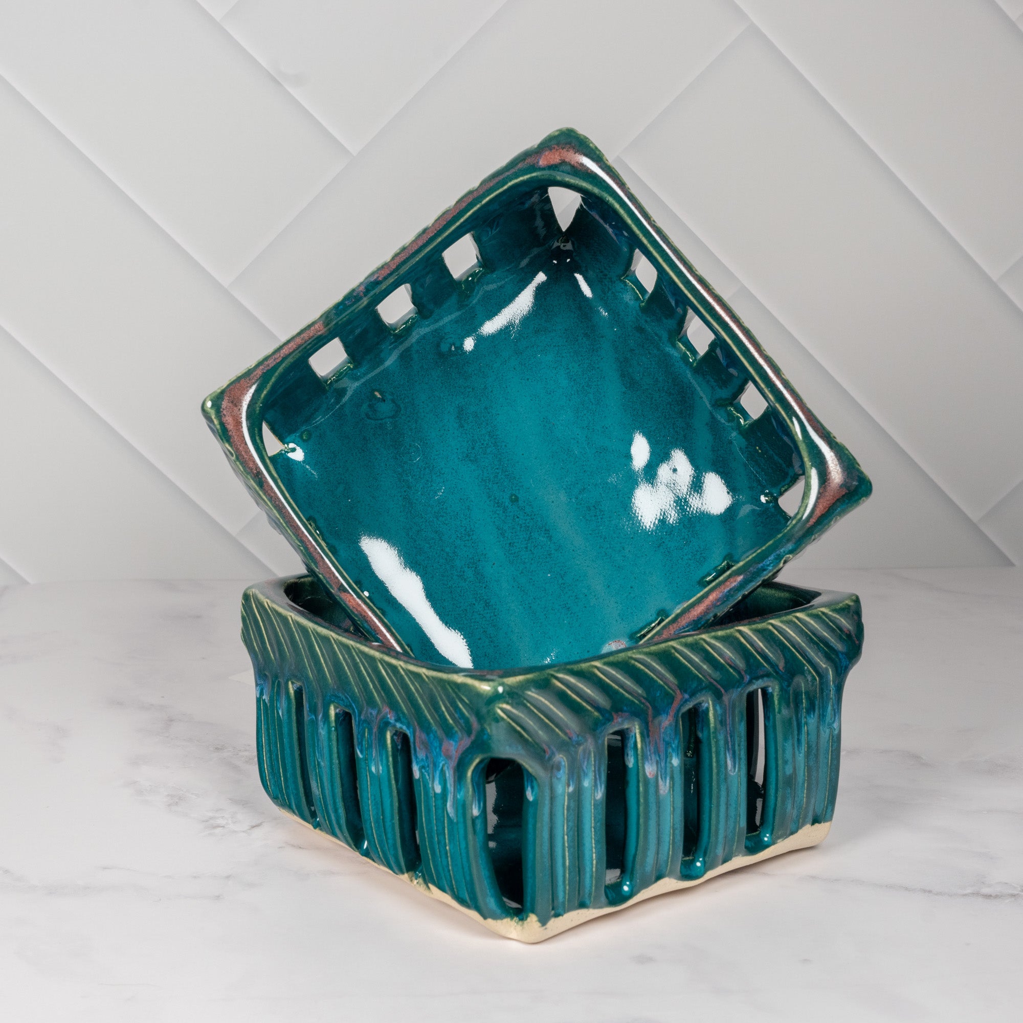 Handmade Ceramic Berry Basket Teal