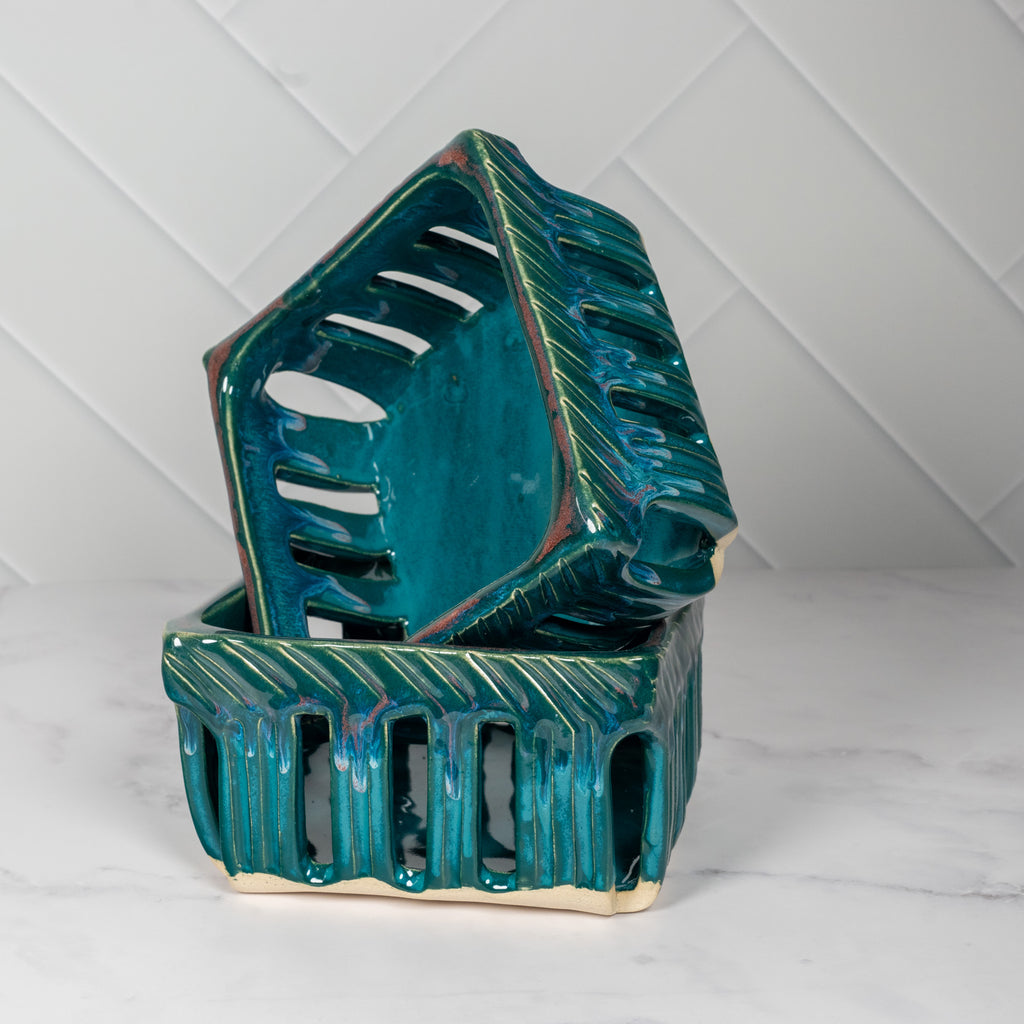 Handmade Ceramic Berry Basket Teal