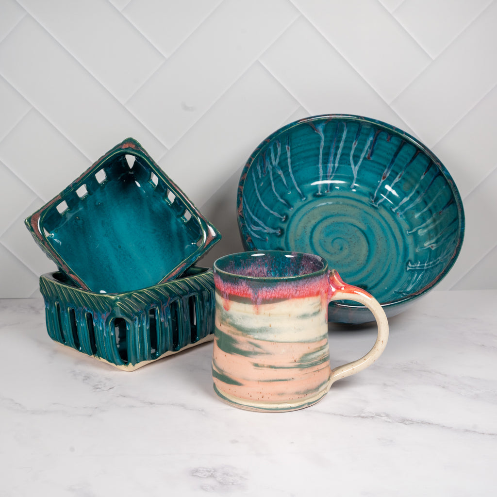 Handmade Ceramic Berry Basket Teal