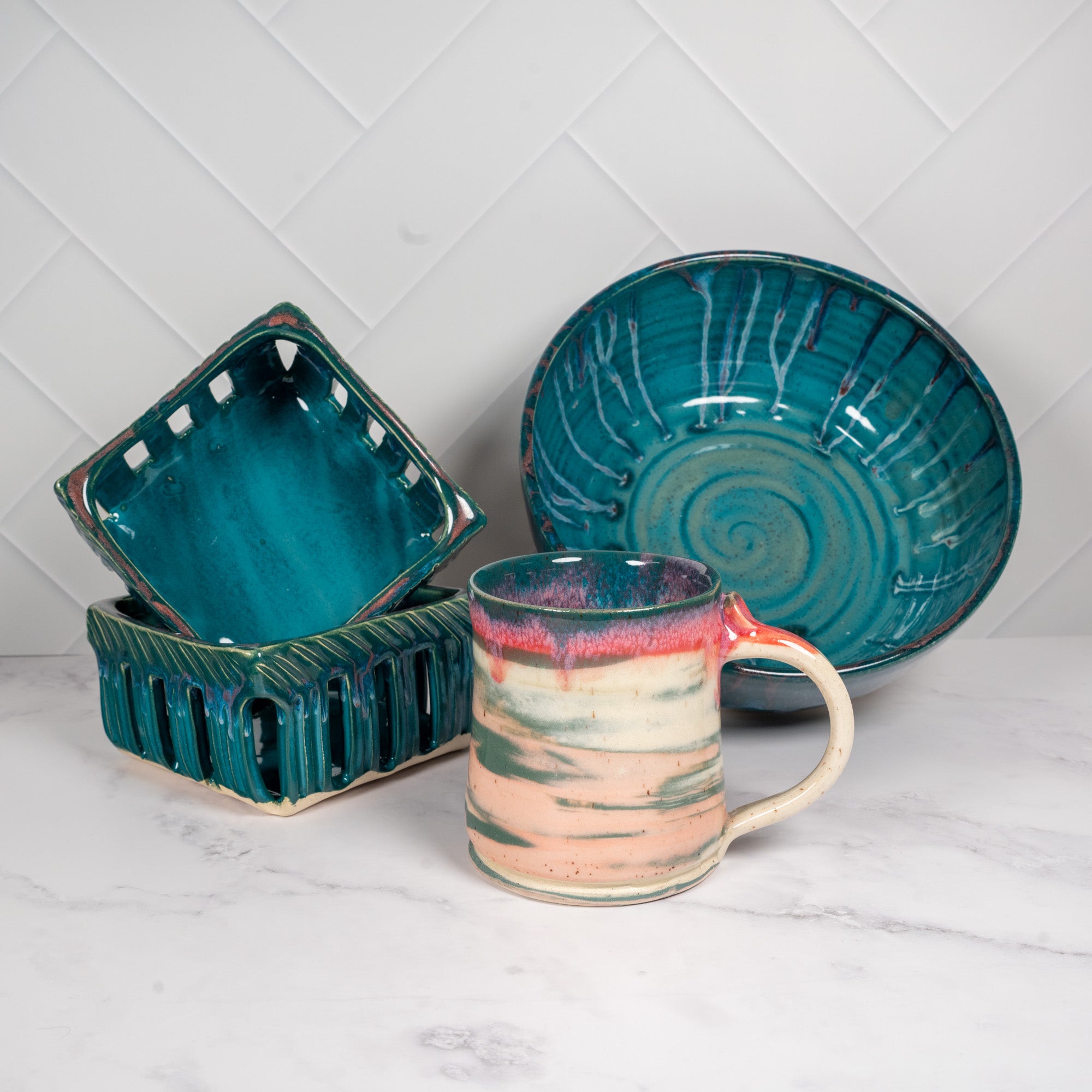 Handmade Ceramic Berry Basket Teal