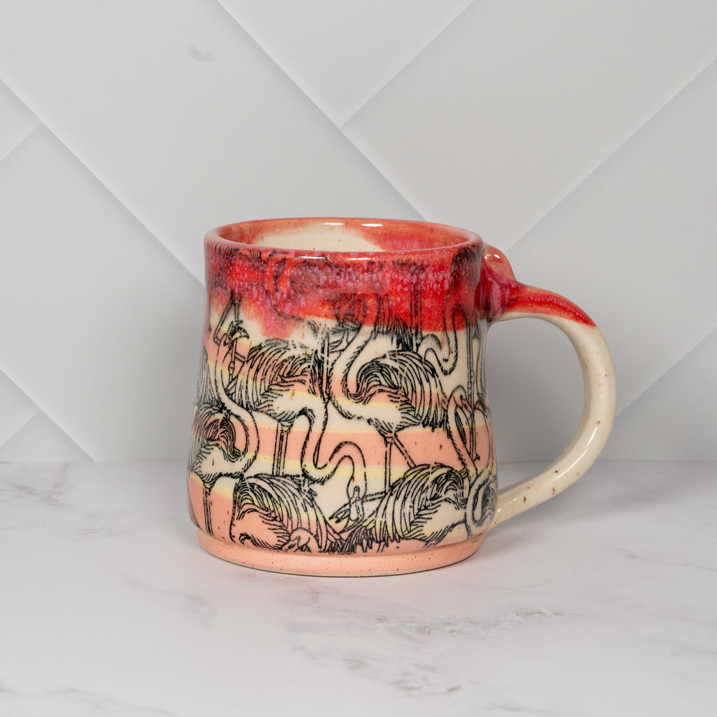 Handmade Ceramic Mug with Pink Flamingos
