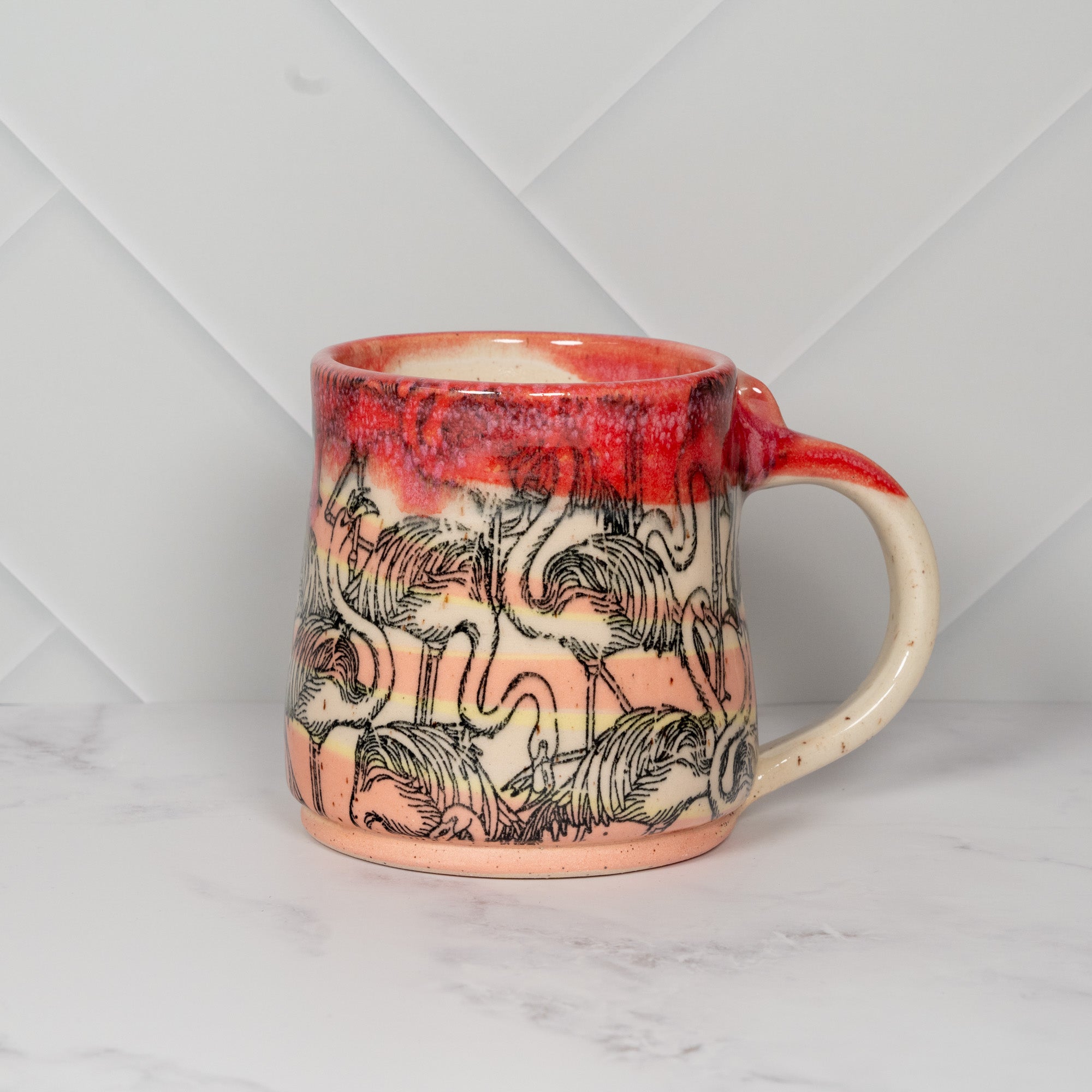 Handmade Ceramic Mug with Pink Flamingos