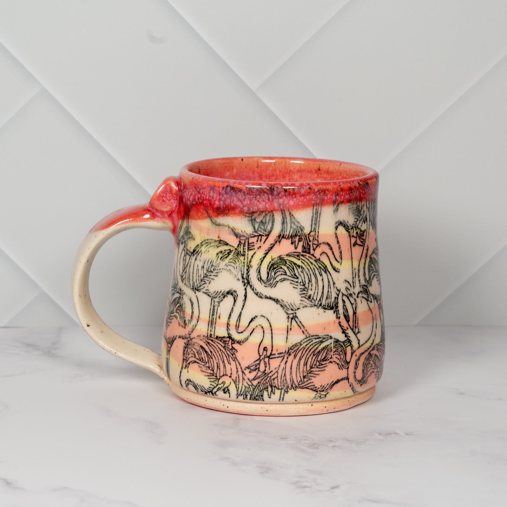 Handmade Ceramic Mug with Pink Flamingos