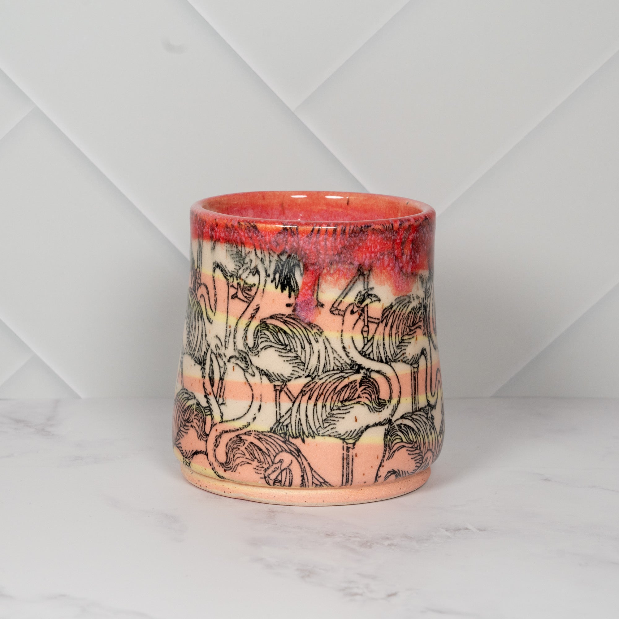 Handmade Ceramic Mug with Pink Flamingos